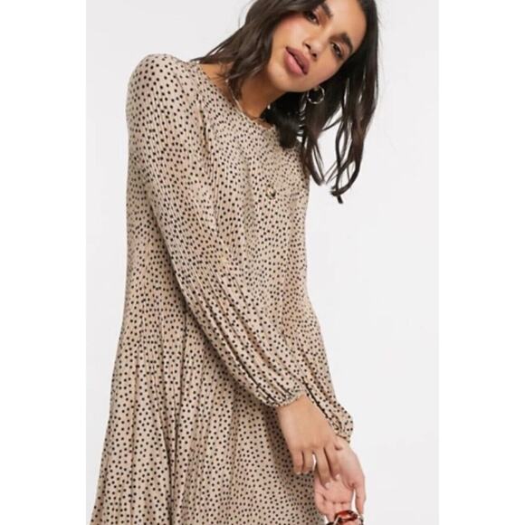 Stradivarius Beige Black Polka Dot Mini Pleat Balloon Sleeve Round Neck Dress - Picture 15 of 15